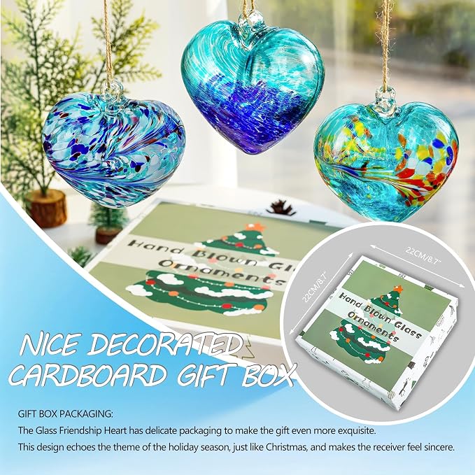 Set of 3 Handmade Glass Heart Ornament 3.9 Inch Blue Friendship Heart Balls | Hand-Blown Craftsmanship, Easy-Hang Lanyard Design for Indoor & Outdoor Hanging