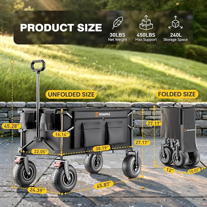 All-Terrain Beach Wagon with 9x3.5IN Big Inflatable Rubber Wheels for Sand, 240L Collapsible Wagon Cart, 450lbs Heavy Duty, Quiet Smooth Ride, Puncture-Resistant Tires, Side Pockets, Black