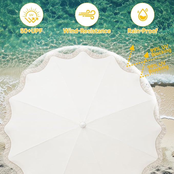 7.5FT Boho Patio Umberlla with Fringe,UPF50+ Outdoor Umbrella with Fiberglass Ribs and Push Button Tilt,Tassels Umbrella for Beach,Terrace,Picnic