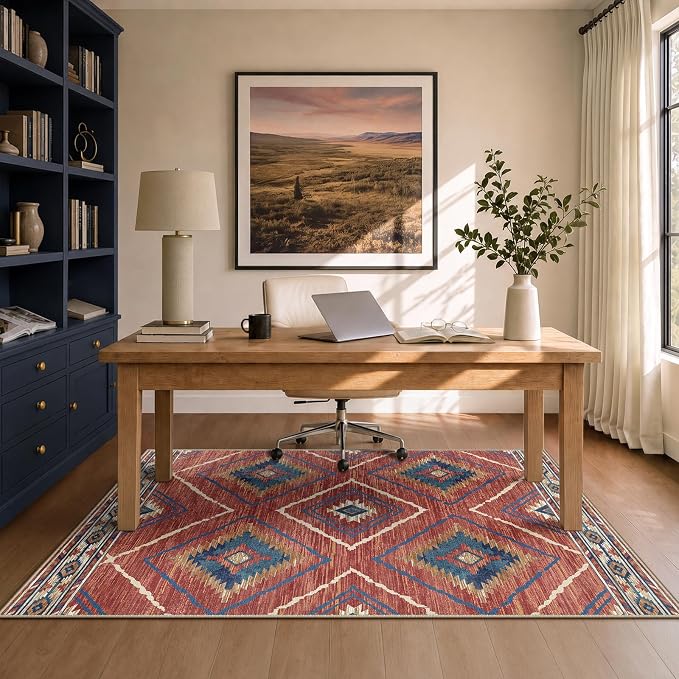 3'x5' Washable Area Rug for Living Room Bedroom Red/Orange | Soft Western No Slip Low Pile Print Foldable Indoor for Kitchen Dining Room