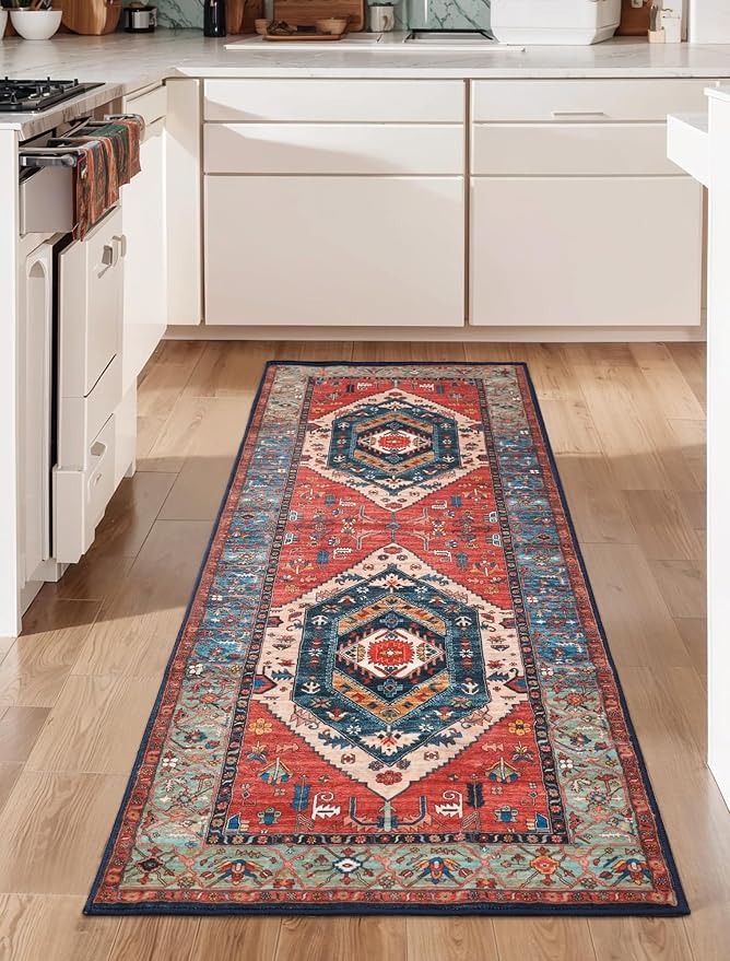 SERISSA 2x6 Washable Non Slip Boho Runner Rug for Hallway，Rust | Ultra Soft Vintage Oriental Carpet Low-Pile Distressed Tribal Floor Carpet Runner for Bedroom Bathroom Laundry Living Room