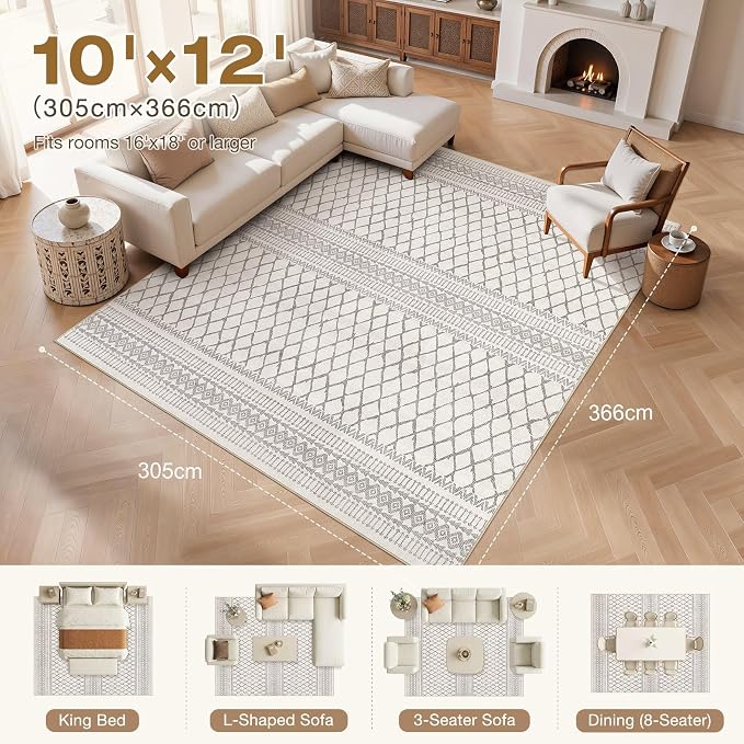 cotiled Boho 10x12 Area Rug for Living Room: Large Moroccan Washable Rug | Solve Modern Neutral Trendy Home Decor - Stain Resistan Carpet for Bedroom Farmhouse Beige Gray