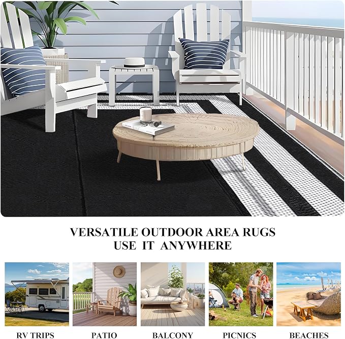 Garvee 9x12 Outdoor Rug for Patio Plastic Straw Rug Waterproof Reversible Mat Lightweight Foldable Carpet Easy Clean Large Rugs for Patio Porch Backyard Camping RV Beach Balcony Deck Panel White