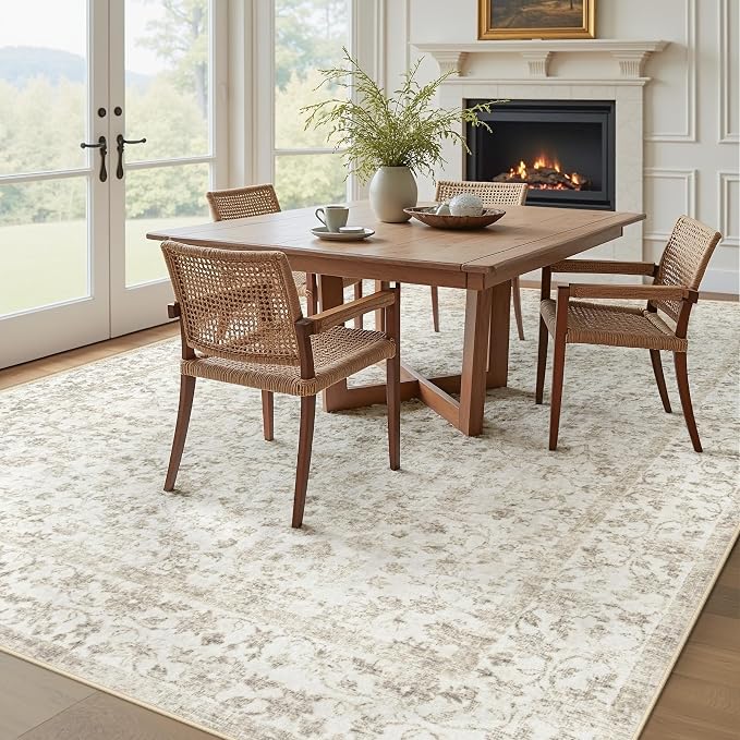 Living Room Rugs 8x10: Washable Moroccan Geometric Boho Rug Farmhouse Non Slip Stain Resistant Large Rug Low Pile Soft Carpet for Bedroom Dining Room Children Room (Beige Floral,8'x10')