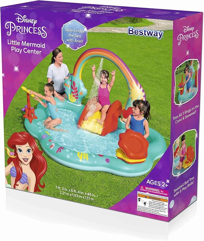 Disney Little Mermaid Inflatable Kids Water Play Center Activity Pool with Slide, Ring Toss, and Ball Toss Game for Kids 2 and Up