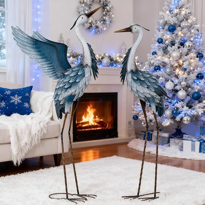 TERESA'S COLLECTIONS Garden Decor Blue Heron Metal Yard Art,38-42" Large Metal Cranes Sculptures & Statues Heron Decoy for Outdoor Indoor Decorations,Outside Patio,Pool, Lawn,Set of 2,Gift for Mom