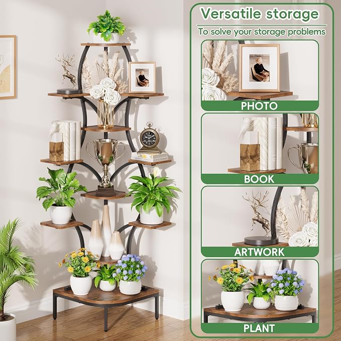 LATIBELL 72'' Tall Corner Plant Stand Indoor with Grow Light - 11 Tiered Metal Plant Shelf for Indoor Plants, Curved Display Rack Capable of Holding Large Pots in Living Room, Patio & Balcony, Black