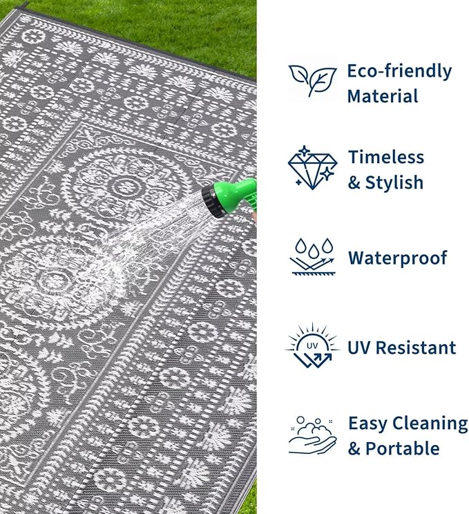 Garvee Reversible Outdoor Rug 5x8 for Patio, Waterproof Outdoor Area Rug, Boho Medallion Indoor Outdoor Carpet for Porch, Plastic Straw Rug for RV, Camping, Deck, Vintage Grey
