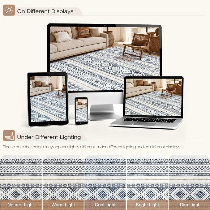 cotiled 6x9 Area Rugs for Living Room: Boho Washable Rug for Dining Room | Solve Modern Neutral Trendy Home Decor - Stain Resistan Indoor Soft Carpet for Bedroom Nursery Blue