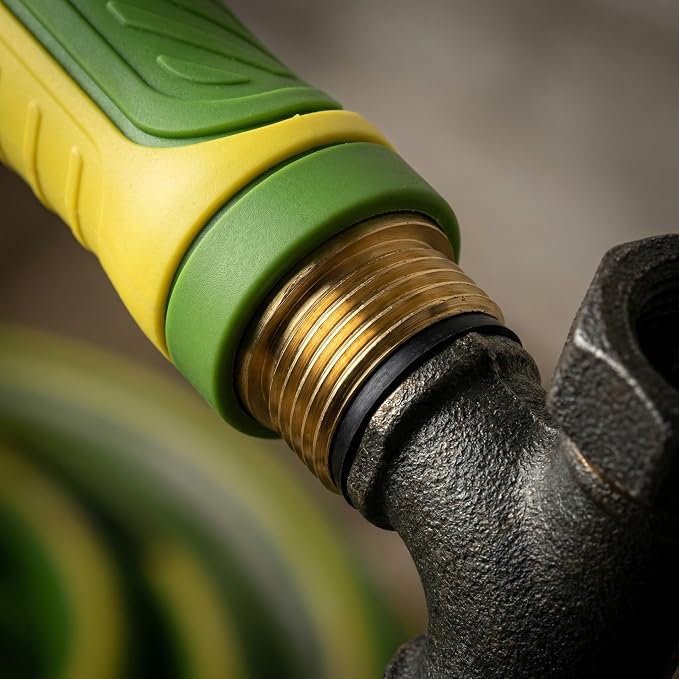 PremiumPro 50FT 5/8" Heavy Duty Reinforced Garden Hose, Large Flow,600 PSI Burst Pressure, Four Layer Hybrid Polymer Anti Kink with 360 Swivel Brass Connectors and handle for yard,washing & irrigation