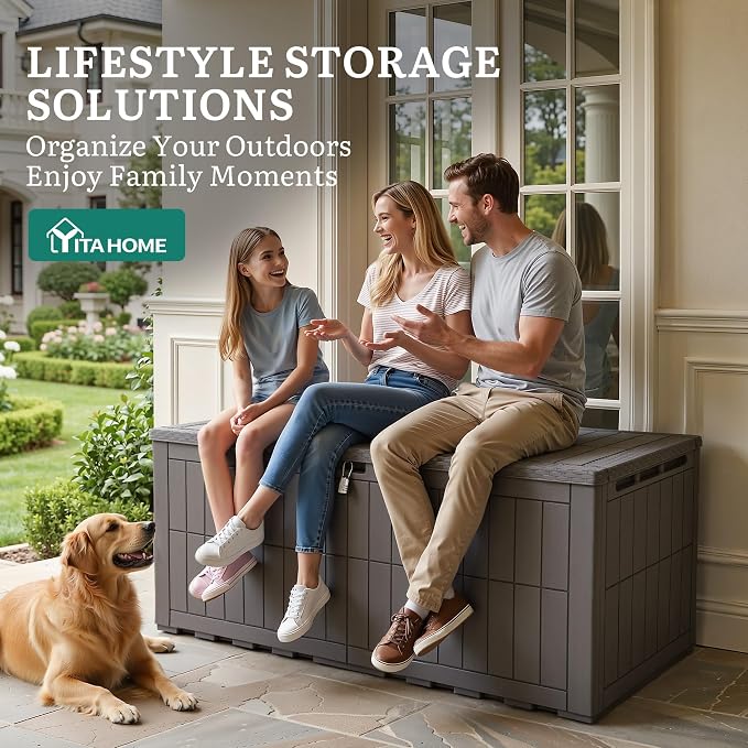 YITAHOME 200 Gallon Large Outdoor Storage Box XL Resin Deck Box with Lock | Waterproof Patio Furniture Bin and 3-Person Bench Seating for Garden Tools & Pool Accessories, Light Brown