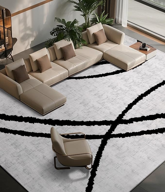 Modern Area Rugs for Living Room, 8x10 Washable Black and White Rug, Thin Abstract Geometric Striped Rug, Area Rug for Bedroom,Kitchen,Dining Room,Office