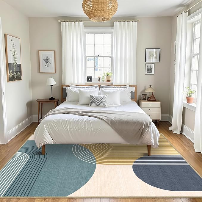Large Area Rug 5x7 Boho Rug Living Room Bohemian Rugs Machine Washable Modern Geometric Rug Non Slip Printed Low Pile Indoor Floor Carpet for Dining Room Bedroom Office,Blue