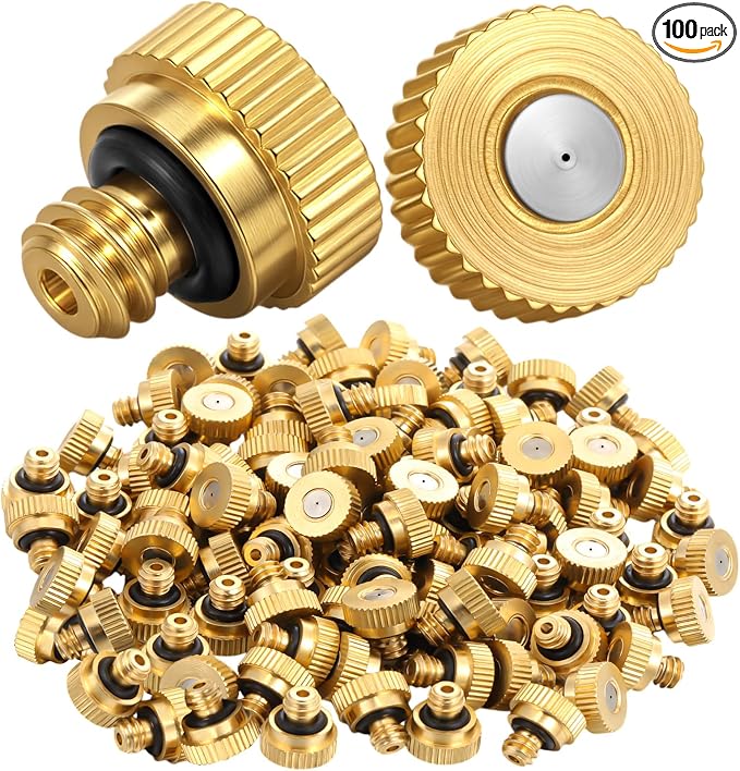 Zhengmy 100 Pcs 0.6mm Brass Misting Nozzles, Mister Nozzles Brass for Outdoor Cooling System Orifice 10/24 UNC Replacement Heads for Outdoor Cooling System