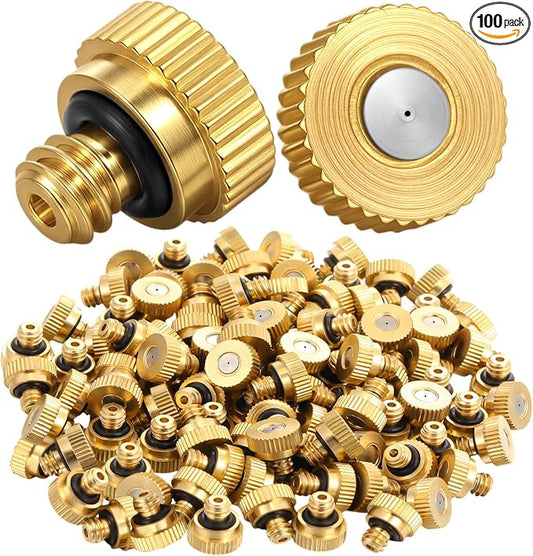 Zhengmy 100 Pcs 0.8mm Brass Misting Nozzles, Mister Nozzles Brass for Outdoor Cooling System Orifice 10/24 UNC Replacement Heads for Outdoor Cooling System