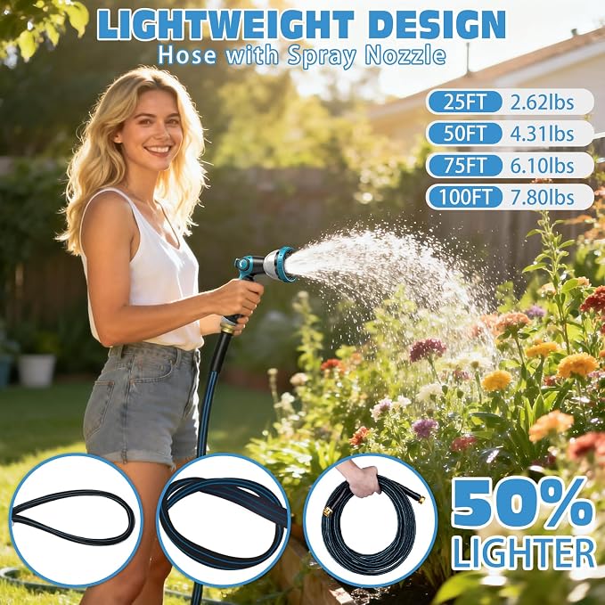Halfjuly Garden Hose 100FT, Flat Non-Expandable Lightweight Water Hose, Durable Flexible Heavy Duty No Kink Design with 3/4" Fittings, 10 Way Spray Nozzle for Outdoor Yard Lawn