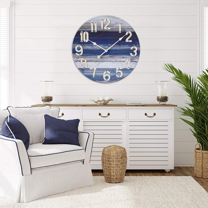 24 Inch Large Beach Blue Wall Clock, Silent Non-Ticking Battery Operated Wall Clock, Rustic Vintage Beach Coastal Wall Decor, Farmhouse Wall Clocks for Living Room, Kitchen, Bedroom