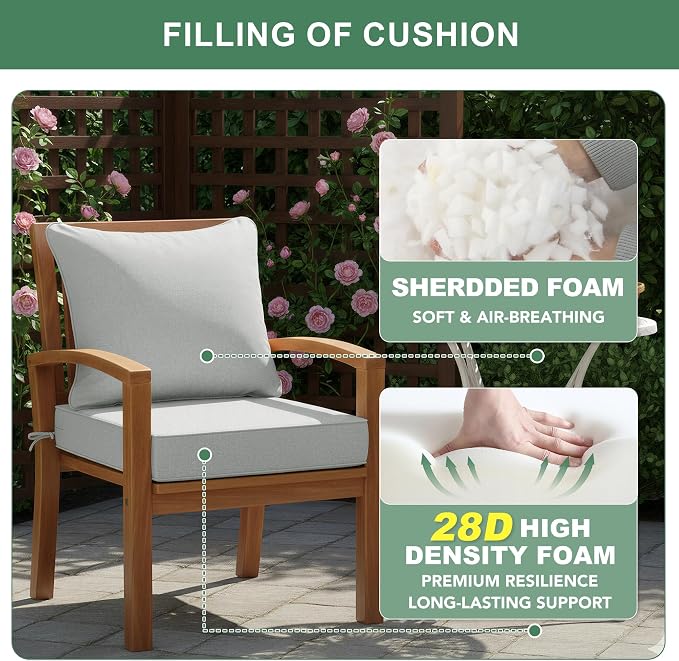 Summsun Patio Cushions for Outdoor Furniture, Faux Linen Water Resistant Backrest and Deep Seat Cushion Set with Non-Slip Bottom, Ties, Removable Cover, 24 x 24 Inch, Light Grey, Set of 2
