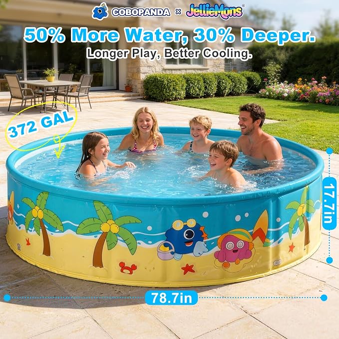 Large Foldable Kids Pool, Hard Plastic Collapsible Deep Kiddie Pool, Small Pools for Swimming, Backyard Dog Pool (JellieMons 78.7"x17.7")
