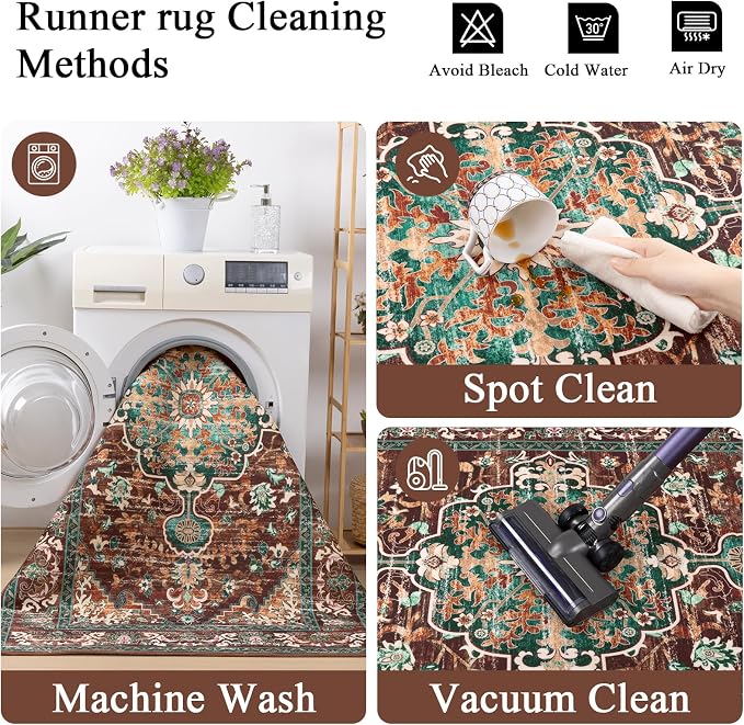 U'Artlines 3' x 18' Boho Hallway Runner Rug, Washable Carpet, Rust＆Teal | Non Slip, Vintage Farmhouse Accent Area Rug Carpet, for Bedroom, Dining Room, Laundry and Living Room