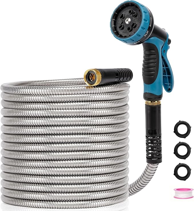 Metal Garden Hose 50 ft x 5/8 in OD with 10 Pattern Sprayer Nozzle, Stainless Steel Water Hose, Non Expandable Flexible Kink Resistant Heavy Duty Hose for Yard, Car Washing and Pet Bath
