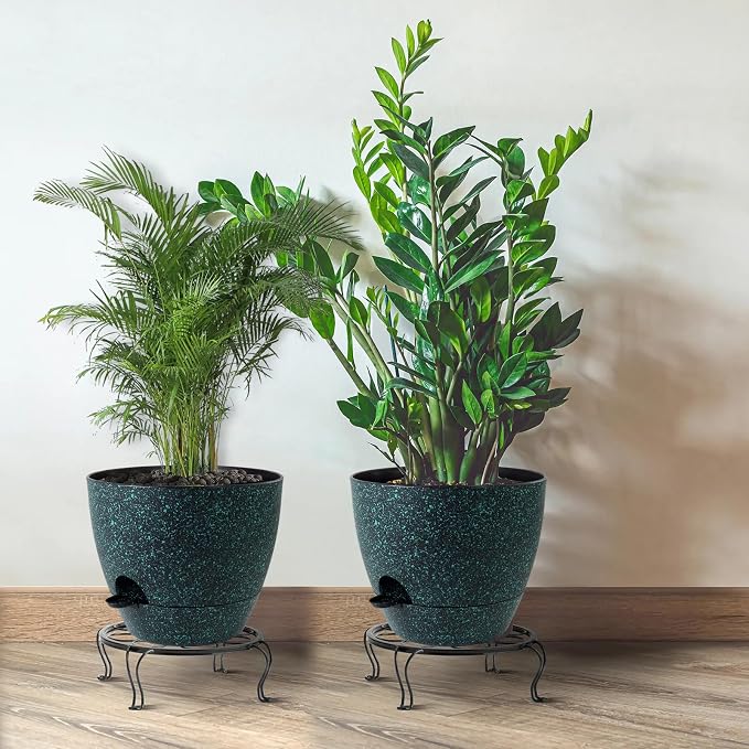 12inch 2Pack Large Self Watering Planters, Plastic Plant Pots with 60oZ Removable Deep Reservoir and Multi Mesh Drainage Holes for Indoor Outdoor Garden Plants and Flowers, Black with Green Speckles