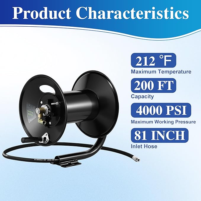 M MINGLE Pressure Washer Hose Reel 200ft x 3/8" / 350ft x 1/4", 4000 PSI | Heavy Duty Steel Hose Reel, Manual Crank Power Washer Hose Reel with Swivel Arm, 3/8" NPT Outlet Pipe