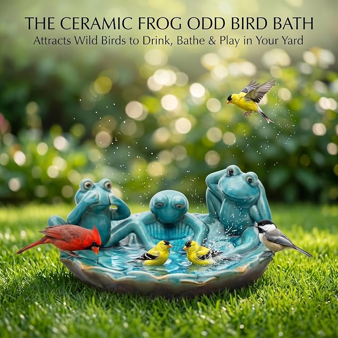 Topadorn Ceramic Bird Bath for Outside, 11.6" Frog Bird Bath with Unique Crackle Reactive Glaze, Decorative Garden Birdbath for Patio, Lawn & Backyard Decor