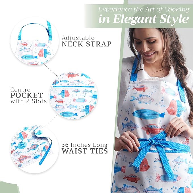 Maison d' Hermine Aprons for women with Pocket 100% Cotton (27.50"x31.50") | Adjustable Neck Strap & long ties Apron Men Chef Wedding Cooking Gardening Server Maid