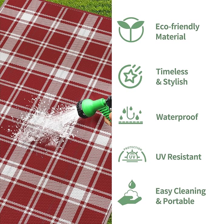 GENIMO Waterproof Outdoor Rug for Patio Clearance, 5'x8' Reversible Plastic Straw Rugs, Lightweight RV Camping Mat for Camper, Balcony, Deck, Backyard, Picnic, Red White Plaid