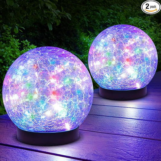 ASOMST 2-Pack Garden Solar Lights Outdoor, Colored Cracked Glass Ball Light Waterproof, Decorative Solar Powered Globe Lighting Multicolor for Yard