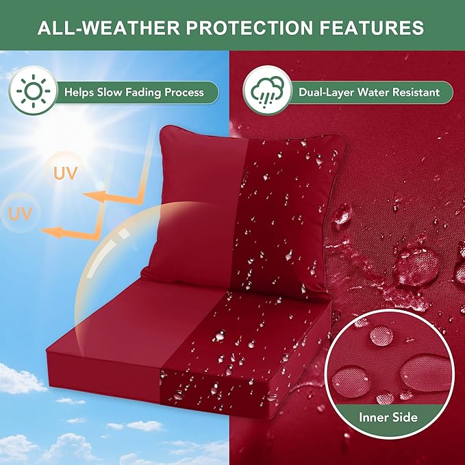 Summsun Outdoor Cushions for Patio Furniture, Double-Sided Waterproof Backrest and Seat Cushion Set with Removable Cover, 19 x 19 Inch, Red, Set of 2