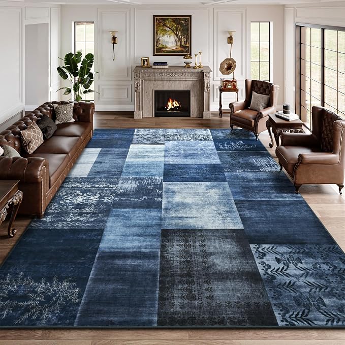 Washable Area Rugs 8x10 for Living Room, Large Modern Geometric Navy Blue Soft Patchwork Carpet, Non-Slip Stain Resistant Throw Rug for Bedroom Dining Room Office Home Decor