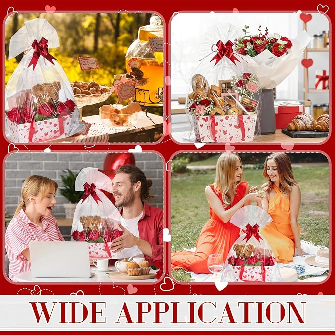 Qinyoung 12 Pack Red Heart Baskets for Gifts Empty Heart Gift Basket with Handles, Pull Bows, Cellophane Bags and Twist Ties for Valentine Mother's Day Wedding Bridal Party Favor Supplies, 9.8 x 6.5''