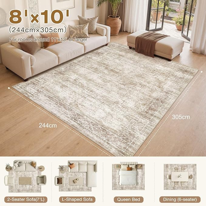 cotiled Boho 8x10 Area Rugs for Living Room: Large Moroccan Washable Rug | Solve Modern Neutral Trendy Home Decor - Stain Resistan Carpet for Bedroom Farmhouse Dining Room Beige Brown