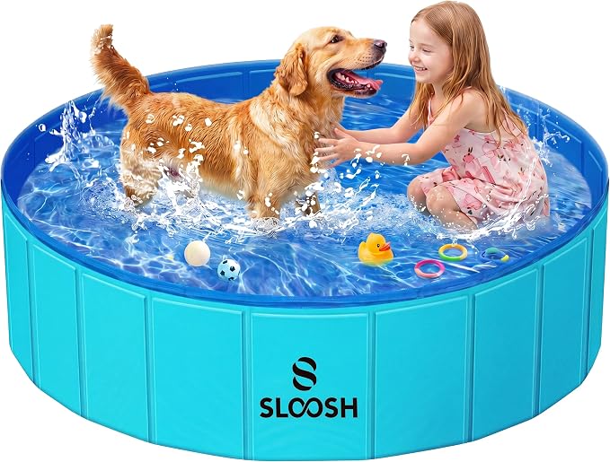 SLOOSH Foldable Dog Kiddie Pool - Portable Hard Plastic Doggie Swimming Pool, Anti-Slip Collapsible Pets Bath Tub Suitable for Kids Indoor Outdoor Backyard Use (Blue, 48" x 12")