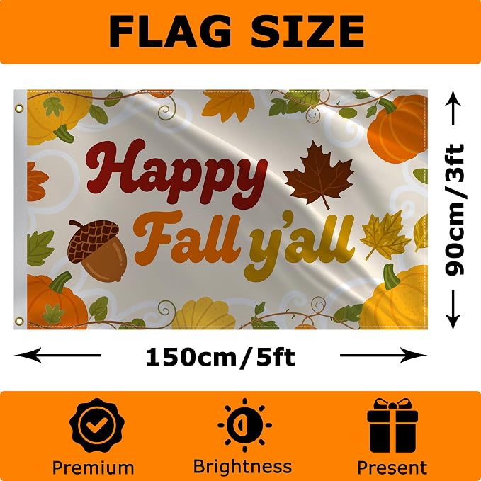 Fall Flag 3x5 Ft Thanksgiving Flag Happy Fall Y'all Banner Double Printed Harvest Pumpkins Maple Leaves Thanksgiving Party Supplies Backdrop Autumn Yard Sign Outdoor Indoor Holiday Decor