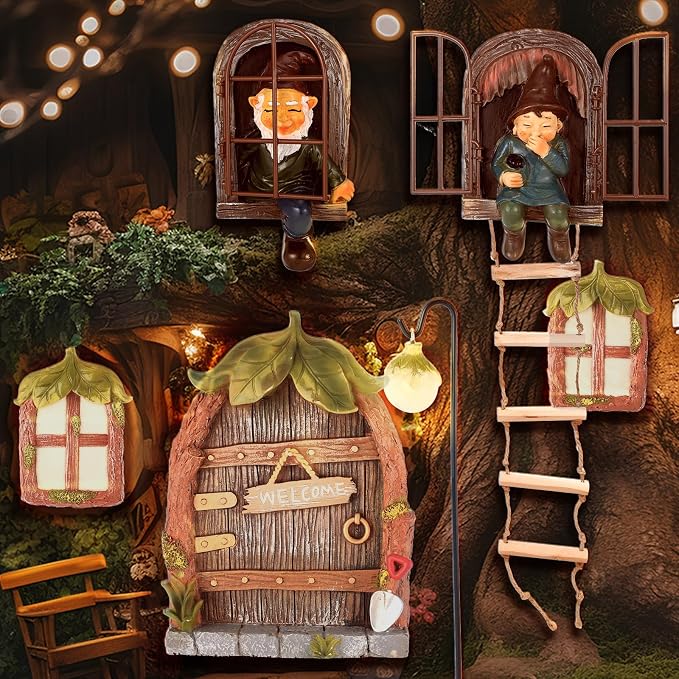 7 Pcs Fairy Garden Accessories Tree Hugger Gnome Statue Fairy Door Window Set Dwarf Elf Landscape Figurine Out The Door Resin Sculpture Hanging Tree Faces Decor for Trees Outdoor Decor (Fresh)