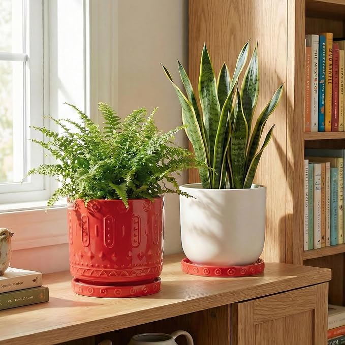 Eightpot 2 Pack Plant Plates to Catch Water, Plant Trays for Pots Indoor Outdoors, 7.5 Inch Plants Water Catcher Tray, Round Flower Pot Saucers, Modern Decorative Dishes to Catch Water, Red