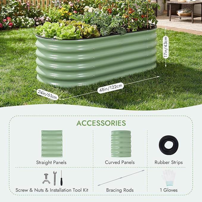 INNO STAGE Galvanized Raised Garden Bed Kits, 4x2x1.4FT Metal Raised Beds Outdoor for Gardening, 17'' Tall Large Steel Raised Planter Bed for Vegetables, Flowers Patio Ground Planter Box (Green, 2Pcs)