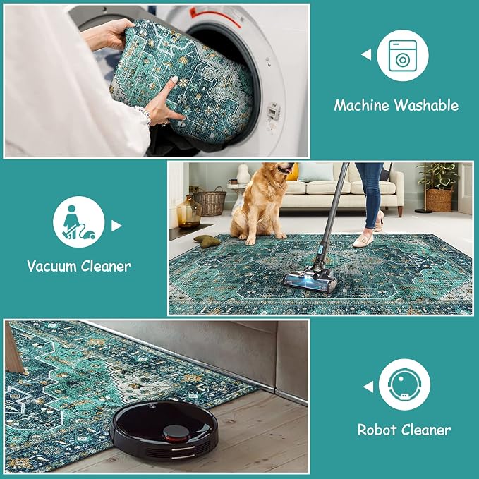 Moynesa Ultra-Thin Washable Teal Non Slip Bathroom Rug - 2x6 Laundry Room Mat, Machine Washable Non-Slip Pet Friendly Carpet Runner for Camper RV Foyer Kitchen Hallway