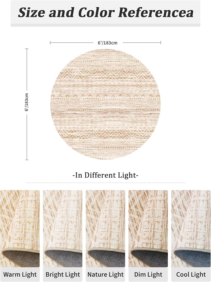 Miukiki Round Rugs 6ft for Living Room Moroccan Washable Circle Rug Beige | Non Slip Indoor Floor Carpet Foldable Area Rug for Dining Room with Low Pile 6ft
