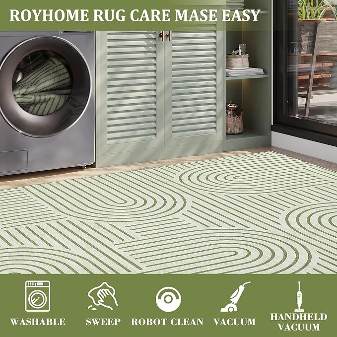 ROYHOME Modern Washable Rug 6x9 Area Rugs for Living Room Non Slip, Green | Abstract Rug for Bedroom, Rainbow Throw Rugs with Rubber Back, Low Pile Stain Resistant Boho Geometric Carpet for Dining Room