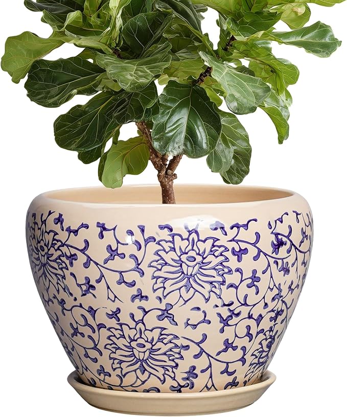 Ceramic Pots for Plants 10 Inch - Indoor Flower Pots with Drainage Hole and Tray, Decorative Pot for Indoor Outdoor Plants, Round Planters, Bathroom Decor, Gifts for Men Women, Retro Blue