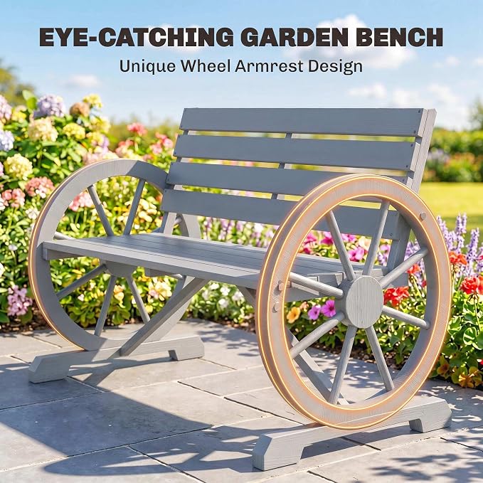 Outsunny 41" Wooden Wagon Wheel Bench, Rustic Outdoor Patio Weather Resistance Furniture, 2-Person Slatted Seat with Backrest, Light Gray