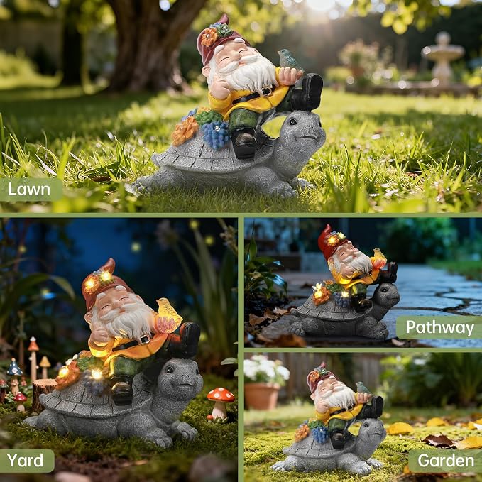 Solar Gnome Statue Outdoor Decor,Gnome on Turtle Figurines with LED Light for for Garden Yard Balcony Lawn Christmas Housewarming for Women Mom Grandma