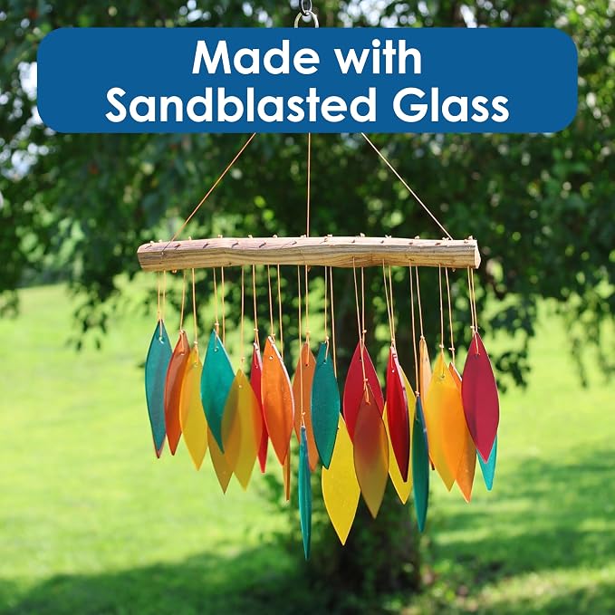 Blue Handworks Santa Fe Glass Leaves Wind Chime | Sandblasted Glass and Found Wood Handcrafted Wind Chime