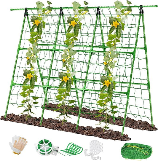 Joyhalo A-Frame Cucumber Trellis for Raised Beds, 47" Hx 57" L Adjustable Size, Garden Trellis for Climbing Plant Outdoors with Climbing Net and Plant Support Clip for Vegetable Vine Pea Bean Tomato