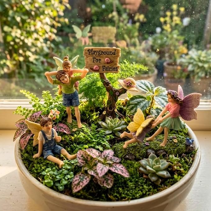 PRETMANNS Fairy Garden Accessories Kit with Fairy Figurines - Outdoor Indoor Miniature Garden Fairies Set - Hand Painted Garden Fairy Figures for Fairy Village - 4 Piece Playground