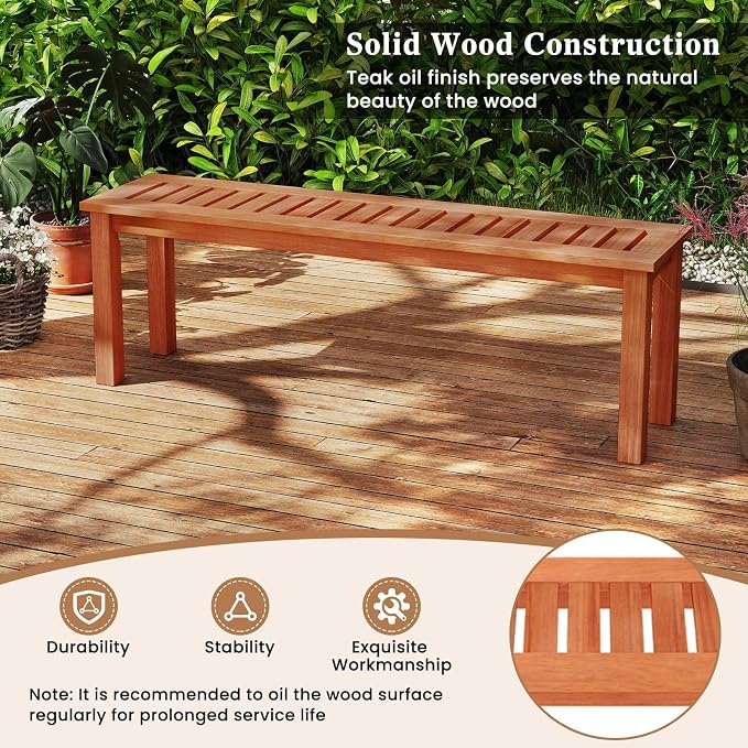Giantex 47" Outdoor Bench with Slatted Seat, 705Lbs Capacity, Solid Wood Frame, Teak Oil Finish, Backless Garden Bench for Patio Dining, Yard, Porch, Entryway, Park, 2-Person Outside Seat Chair